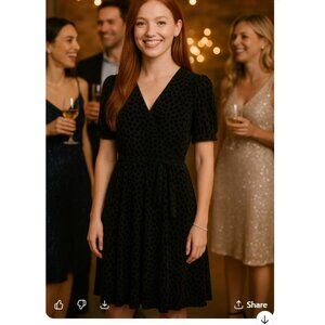 DKNY Black Velvet Burnout Polka Dot Surplice Puff Sleeve Dress Size 14 Party